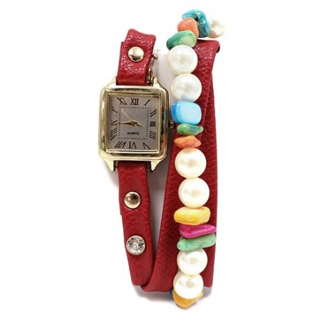 Reloj brazalete - rojo y perlas