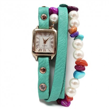 Reloj brazalete - turquesa y perlas